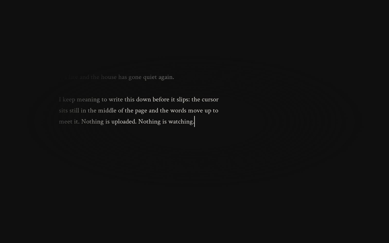 Focus mode, centred cursor — dark theme, write view of The Eternal Journal