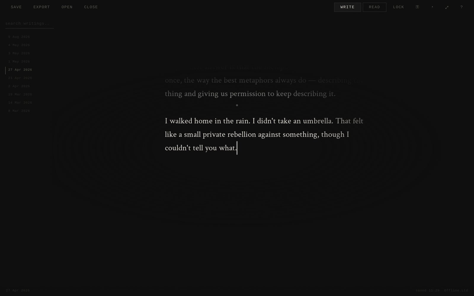 Entry list — dark theme, write view of The Eternal Journal