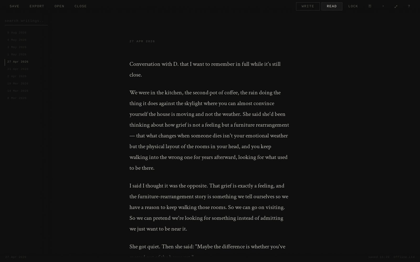 Read view — dark theme, read view of The Eternal Journal