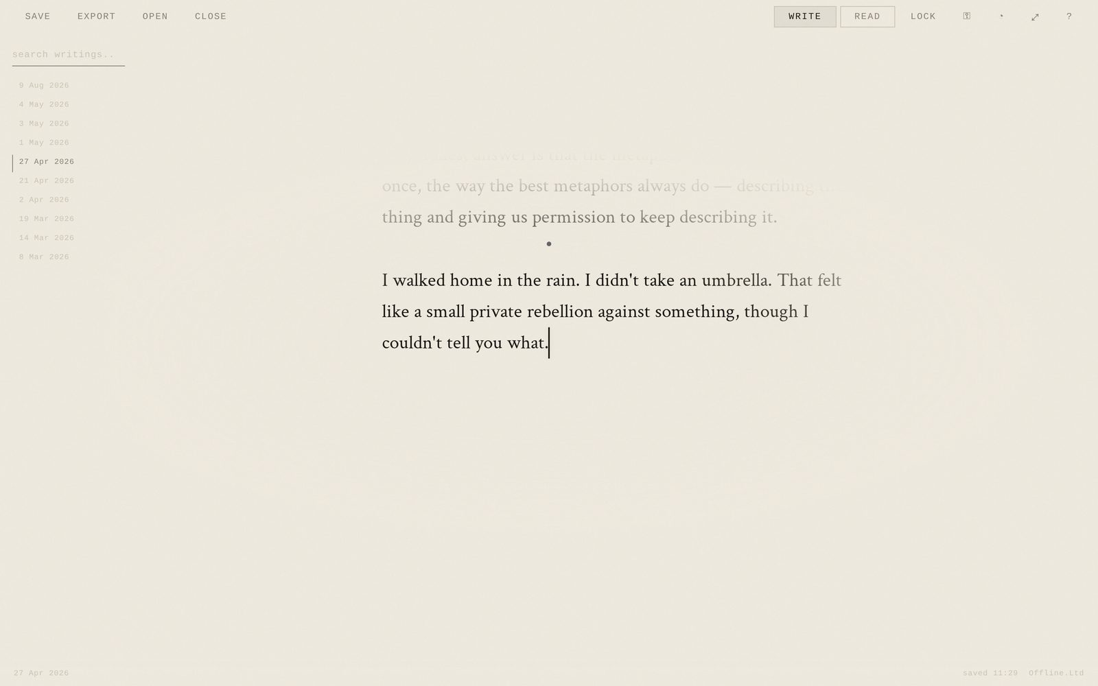 Write view, parchment theme — light theme, write view of The Eternal Journal