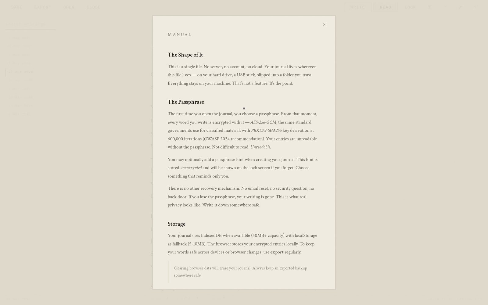 Built-in manual — light theme, manual view of The Eternal Journal