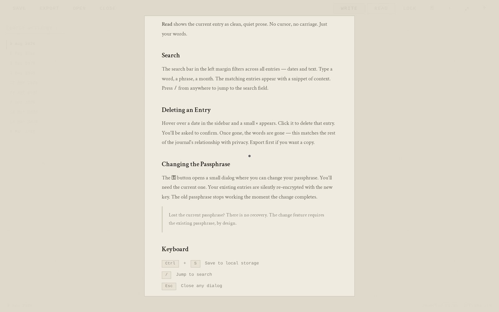 Manual — search, deleting, passphrase — light theme, manual view of The Eternal Journal