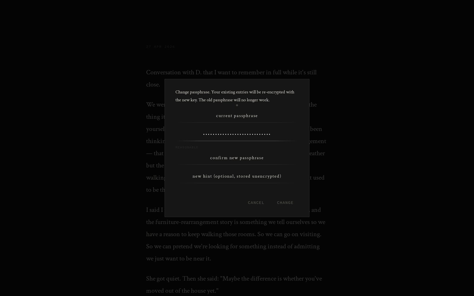 Passphrase settings — dark theme, security view of The Eternal Journal